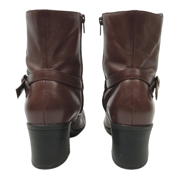 Clarks Leather Buckle Strap Ankle Boots 9 Side Zip Bootie Brown Block Heel 71037 - Picture 5 of 11
